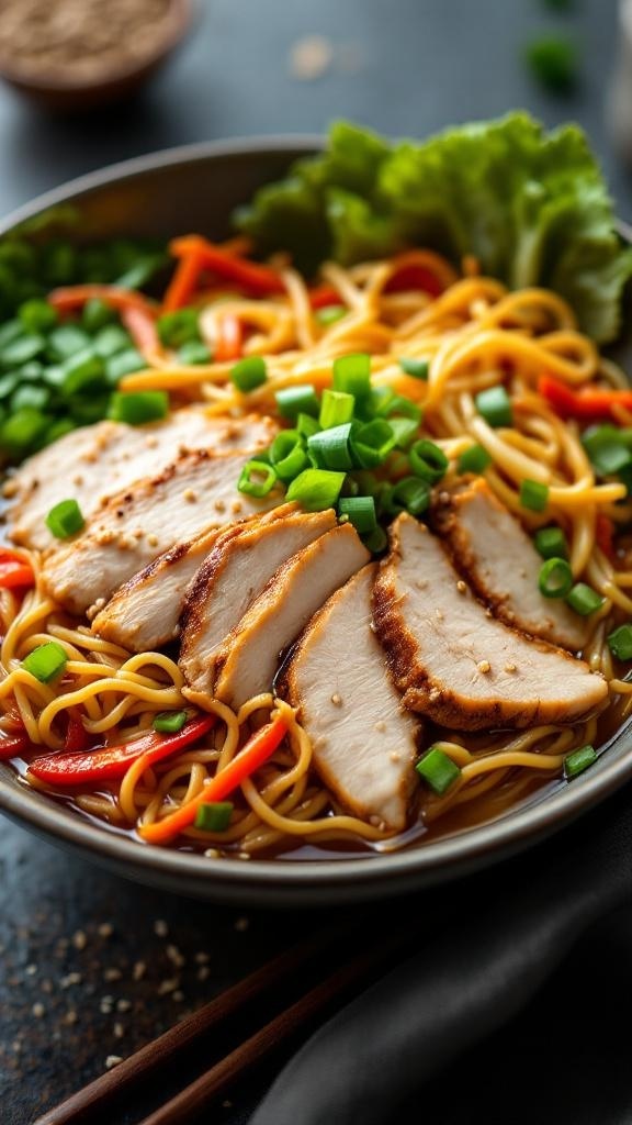 A delicious Asian-inspired chicken noodle bowl with rotisserie chicken, noodles, and colorful vegetables.