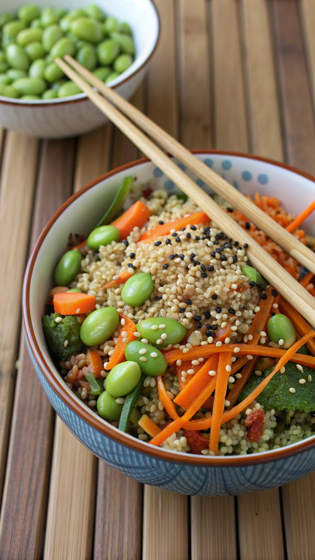 A colorful bowl of quinoa salad with edamame, carrots, and sesame seeds, served with chopsticks.