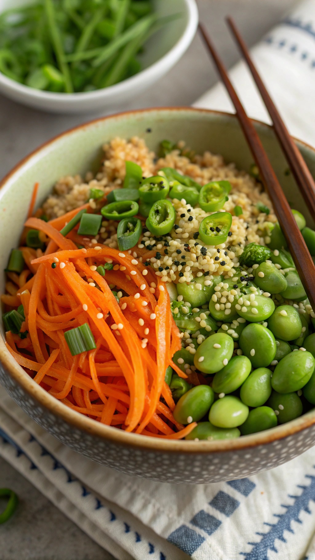A bowl of Asian-inspired quinoa salad with sesame dressing, featuring colorful carrots, green onions, and edamame.