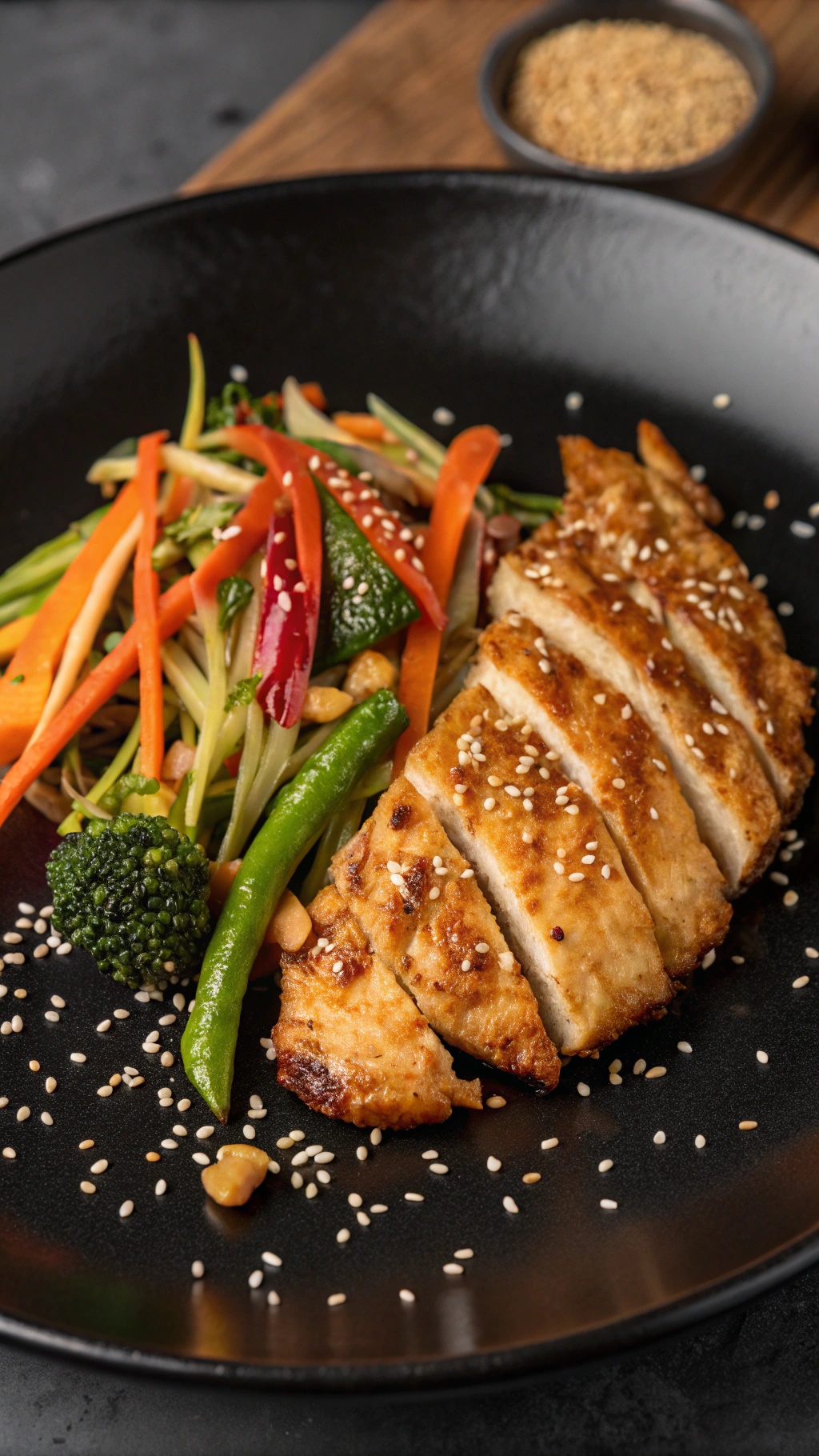 Air fryer soy ginger chicken breast served with colorful stir-fried vegetables