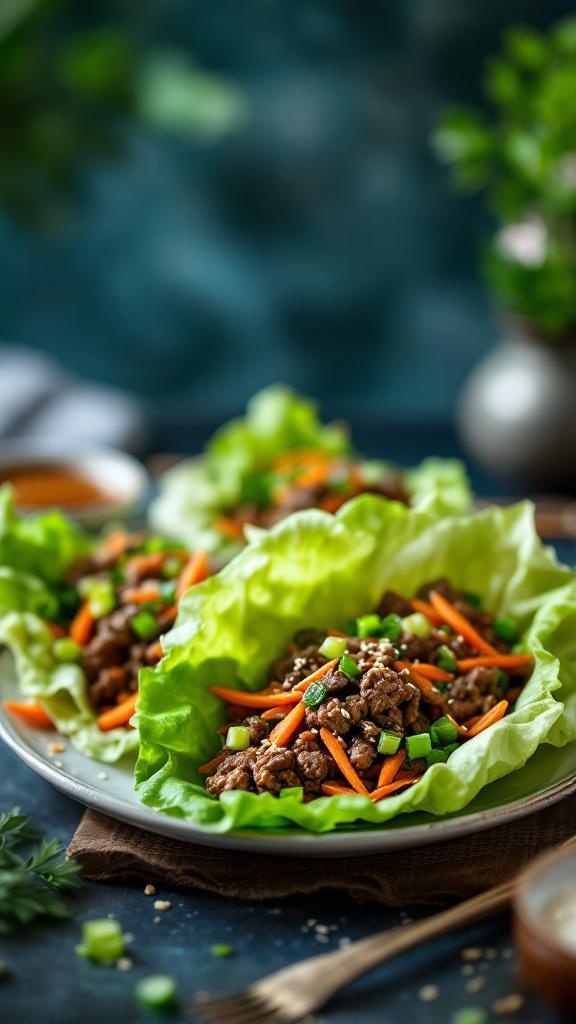 Asian-inspired steak lettuce wraps filled with ground steak, carrots, and green onions