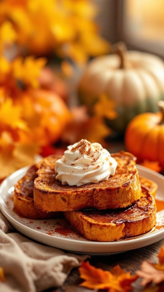 Pumpkin spice French toast topped with whipped cream and surrounded by autumn leaves and pumpkins.
