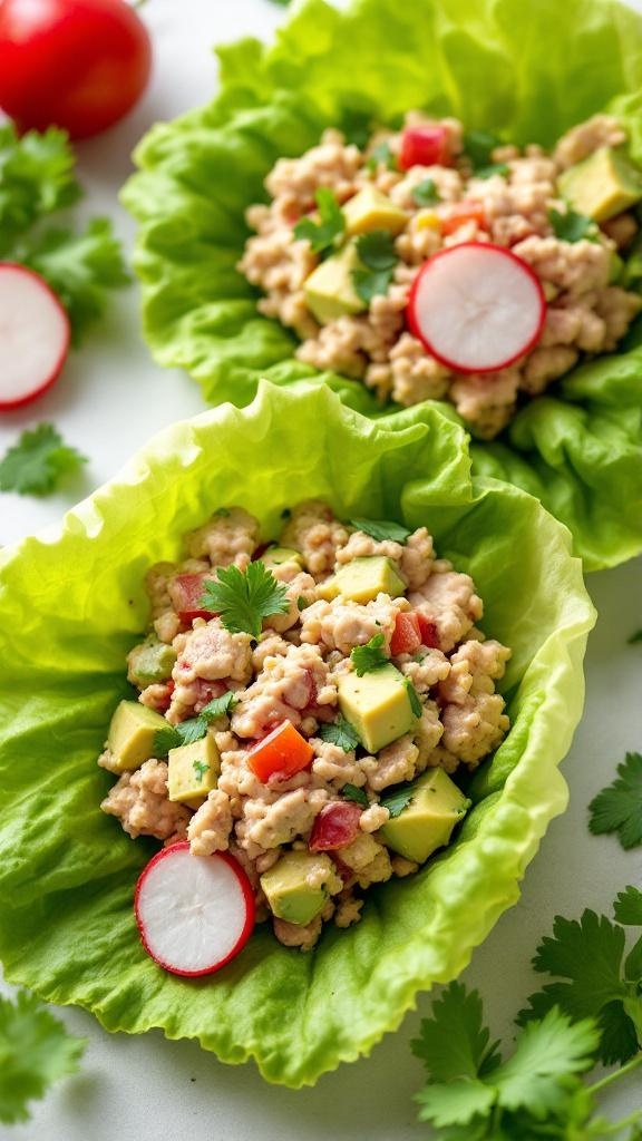 Avocado and tuna salad in lettuce cups with radishes and cilantro