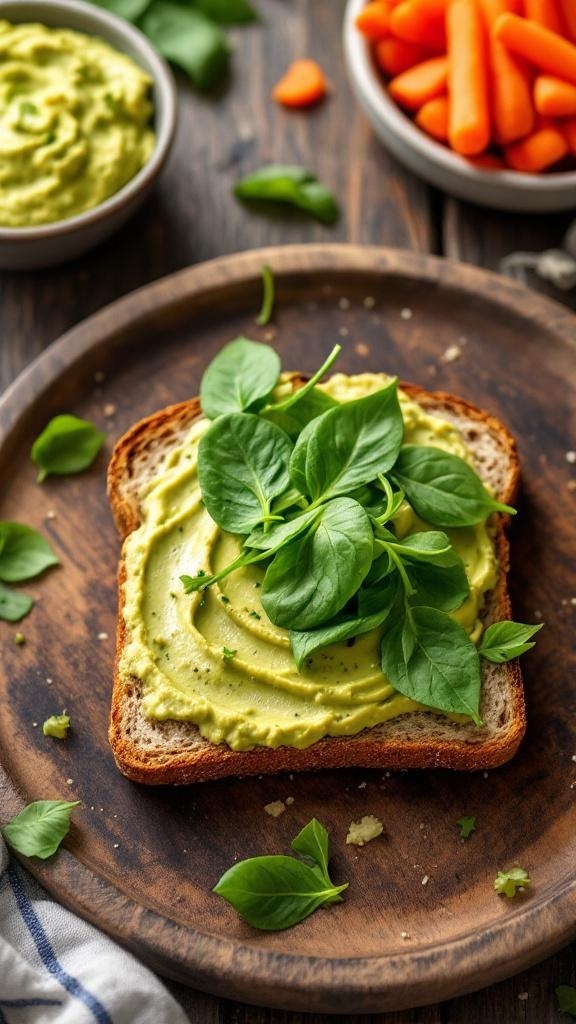 Avocado toast topped with hummus and fresh spinach on a wooden plate with carrot sticks in the background.
