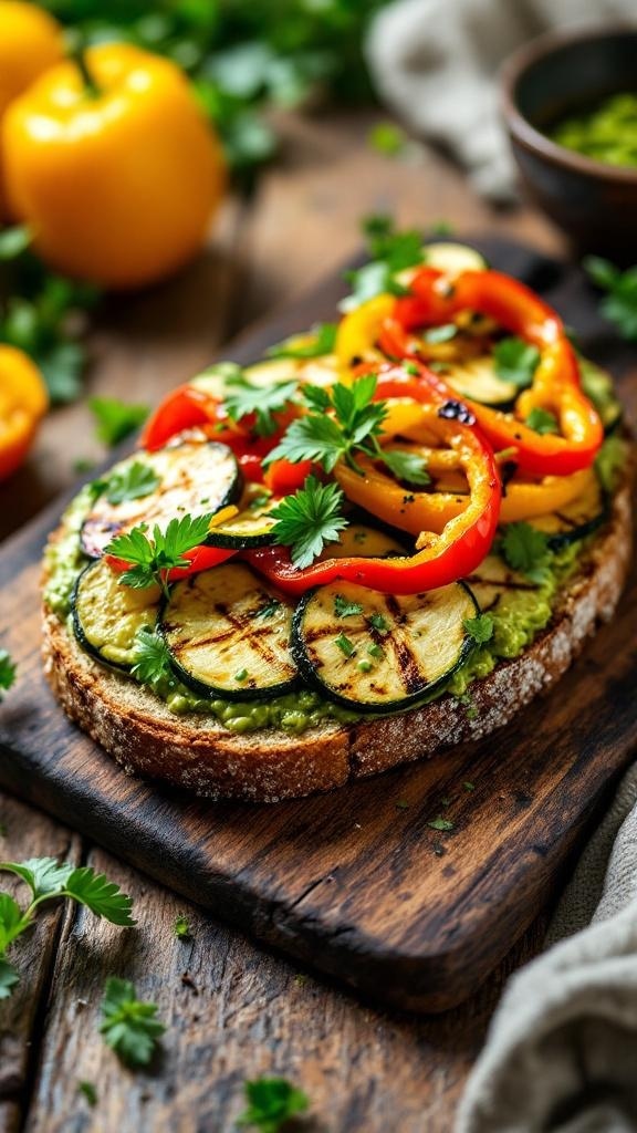 Avocado toast topped with grilled zucchini and bell peppers on a wooden board, garnished with fresh herbs.