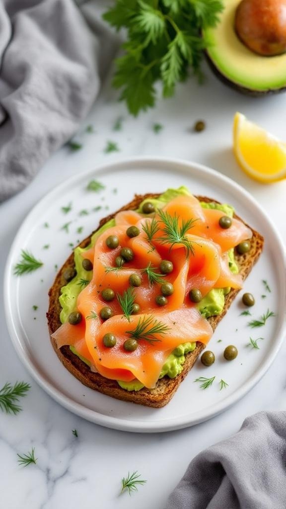 A plate of avocado toast topped with smoked salmon and capers, garnished with fresh dill.