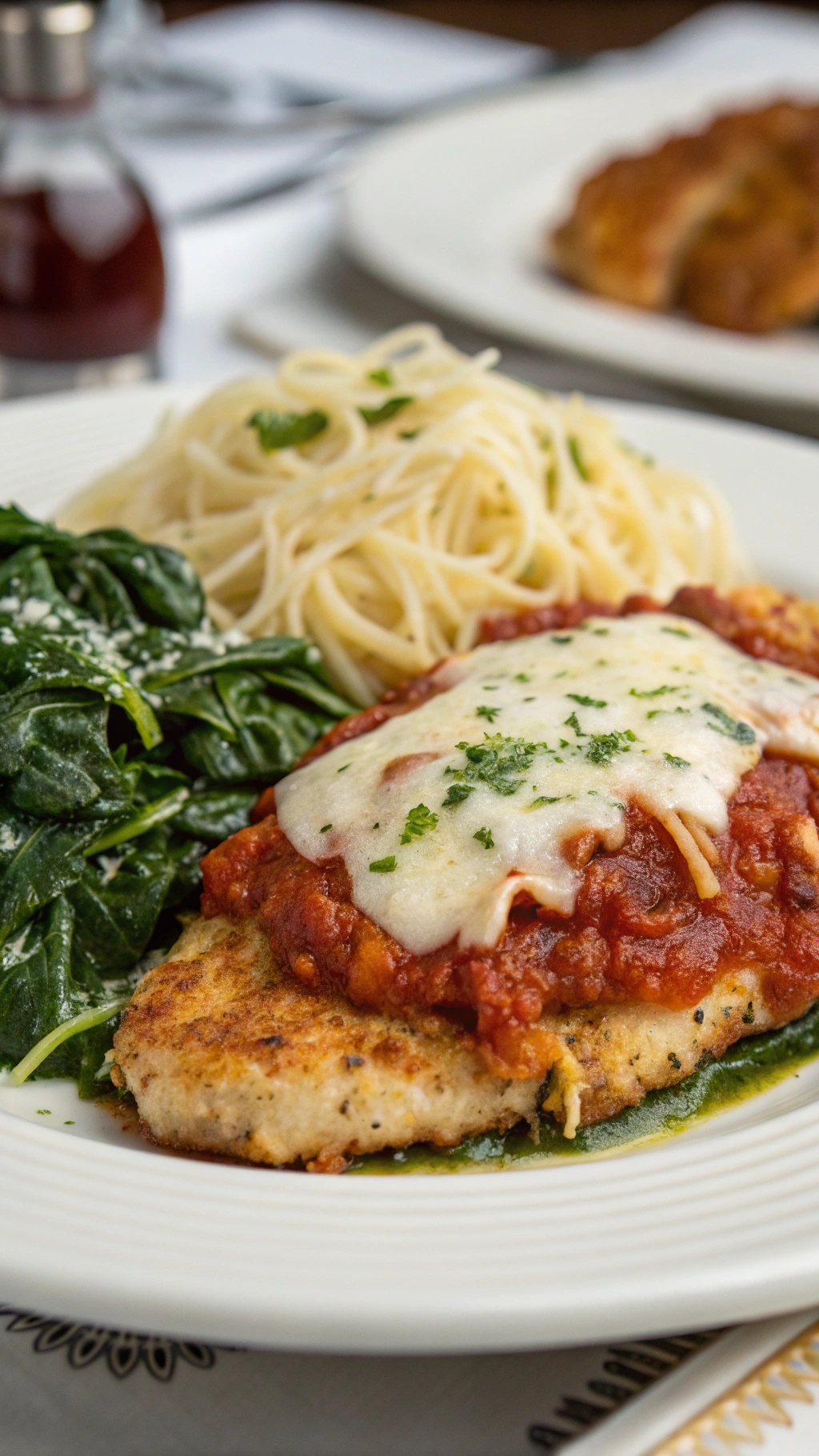 A plate of baked chicken parmesan with spinach and spaghetti, topped with marinara sauce and melted cheese.