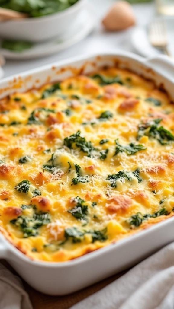 A baked cottage cheese and spinach casserole in a white dish, topped with melted cheese and golden crust.