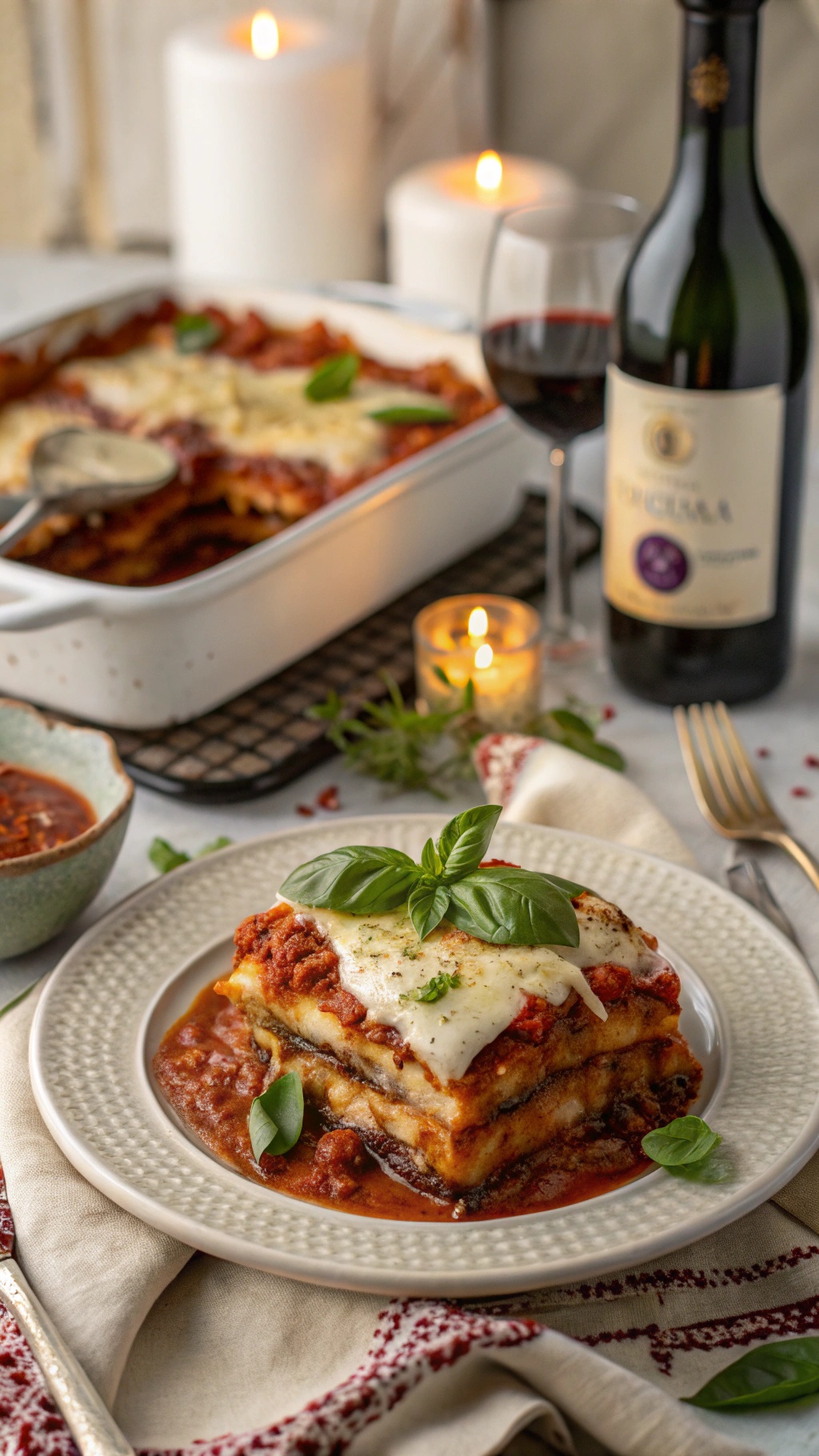 A plate of baked eggplant parmesan with melted cheese and fresh basil, served with marinara sauce.