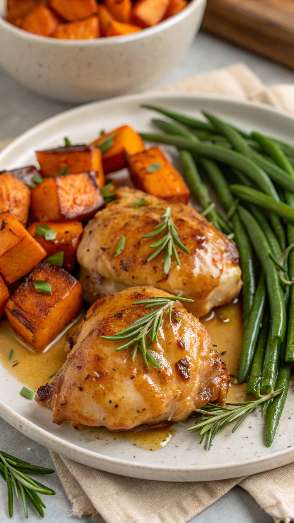 Baked Honey Mustard Chicken Thighs served with roasted sweet potatoes and green beans.