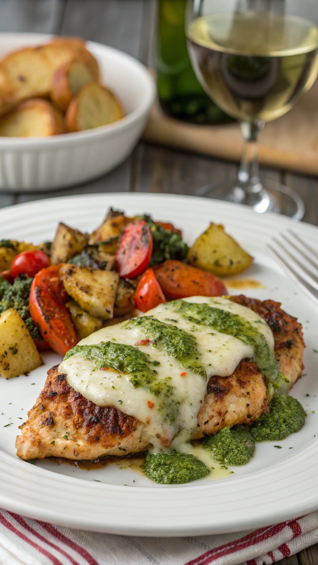 Baked pesto chicken served with roasted vegetables and a glass of white wine.