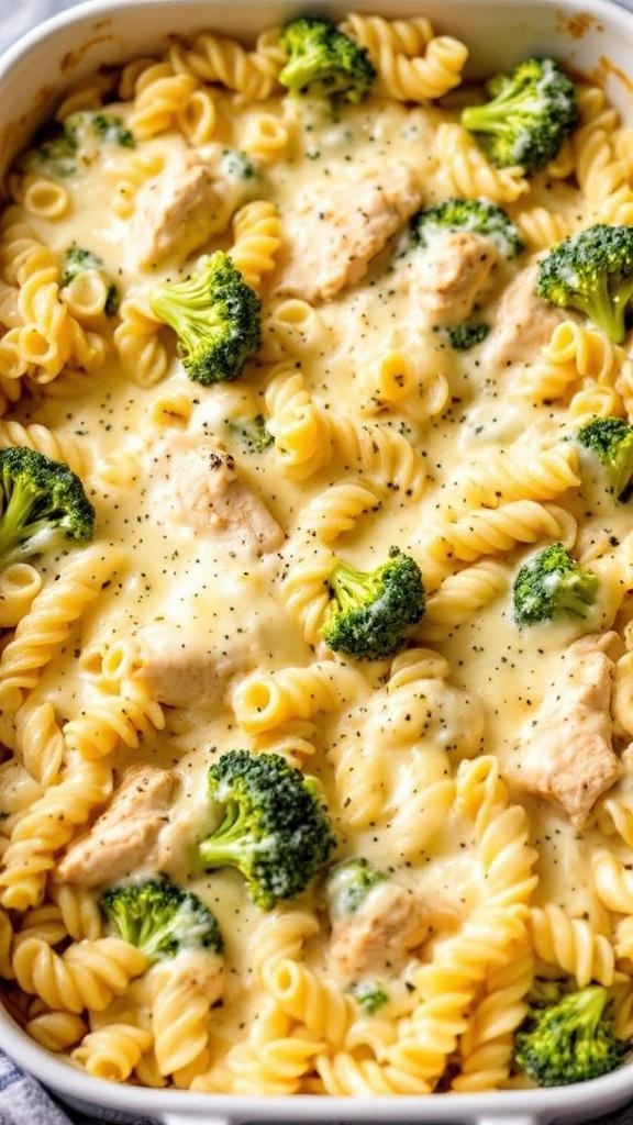A creamy baked rotisserie chicken and broccoli alfredo dish with pasta.