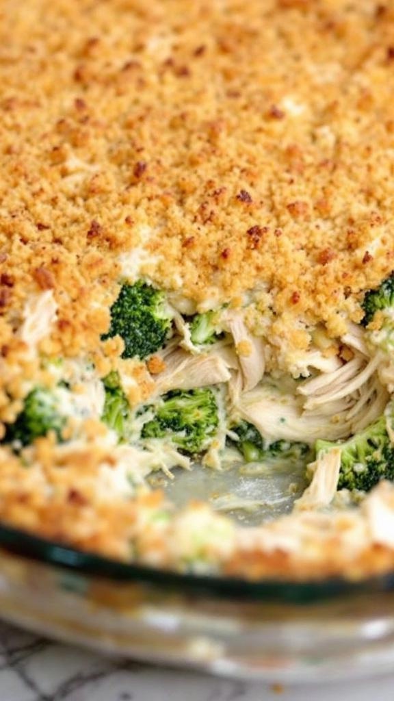 A delicious baked casserole with rotisserie chicken and broccoli, topped with breadcrumbs.