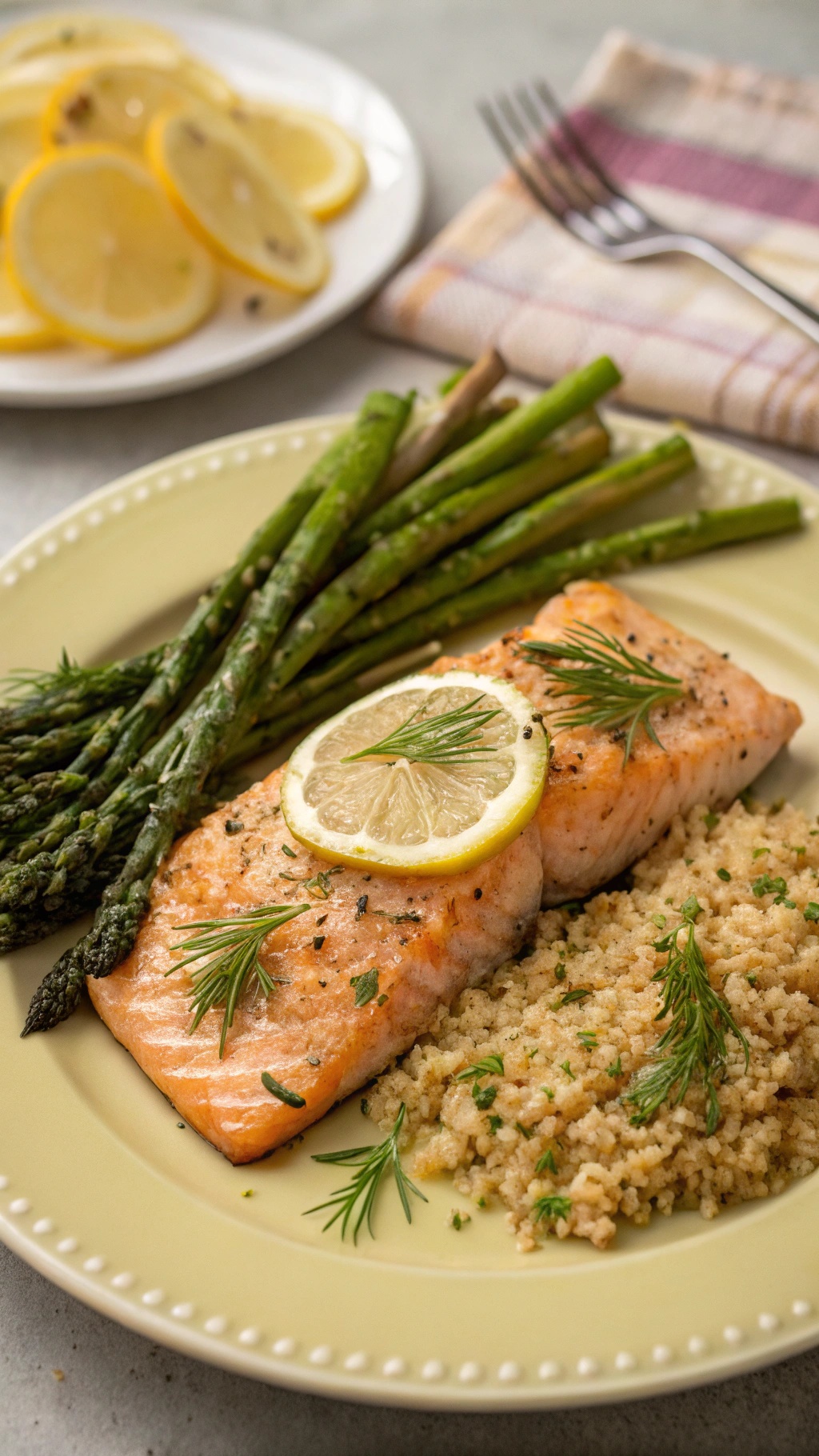 Baked salmon fillet with asparagus and quinoa on a plate, garnished with lemon slices.