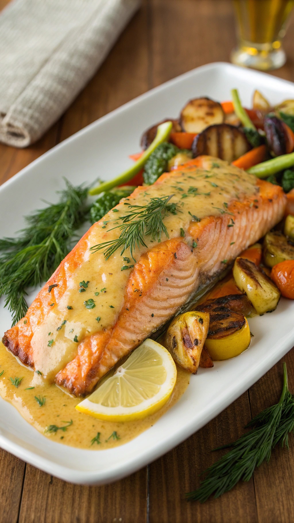 Baked salmon fillet with honey mustard glaze served with roasted vegetables