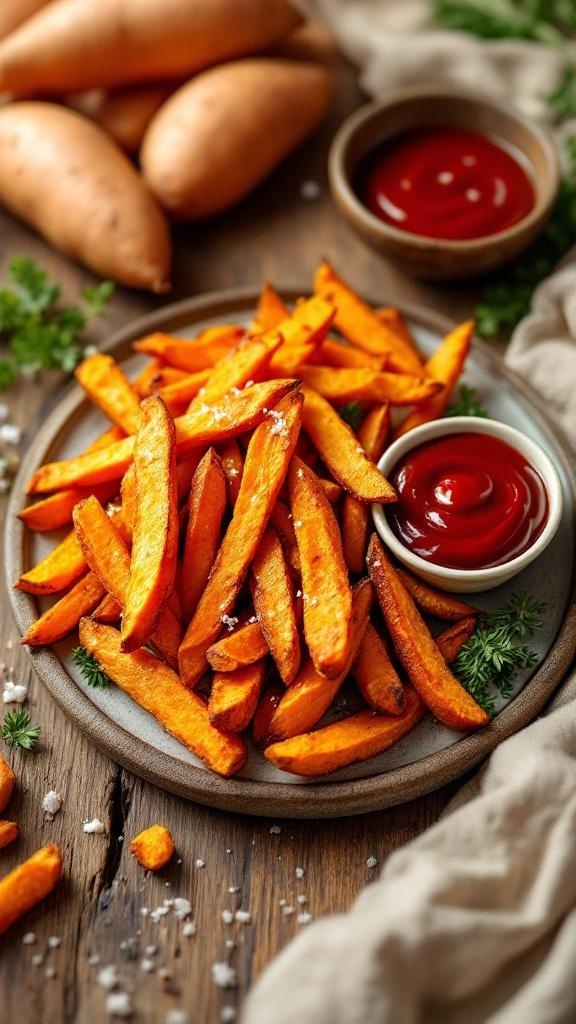 A plate of baked sweet potato fries served with ketchup, surrounded by whole sweet potatoes.