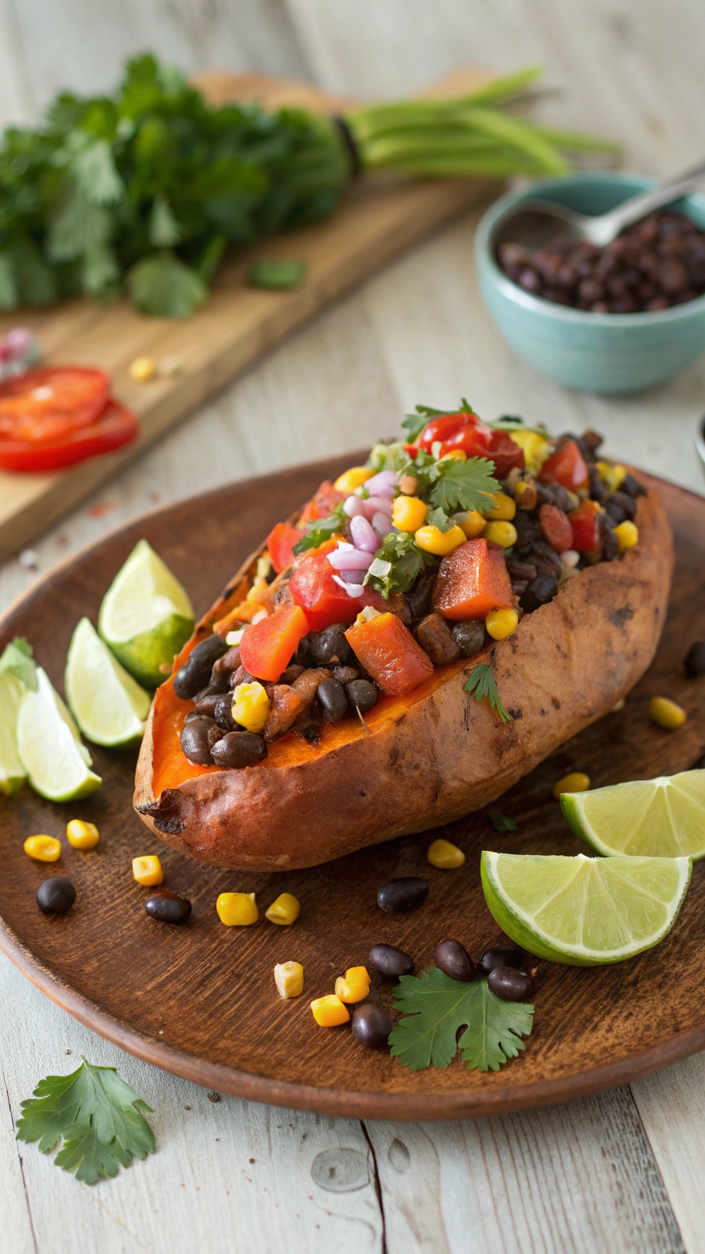 Baked sweet potato topped with black bean salsa, corn, and diced tomatoes, served with lime wedges.