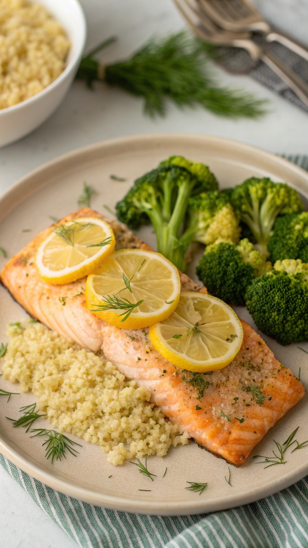 A plate of lemon dill salmon served with couscous and broccoli.