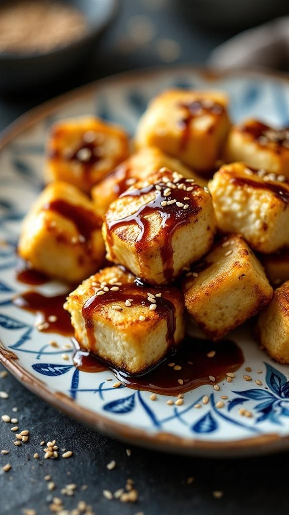 Baked tofu bites drizzled with soy sauce on a decorative plate