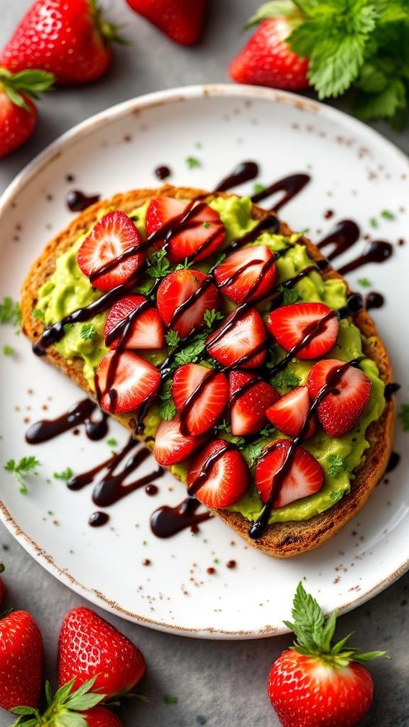 Balsamic avocado toast topped with strawberries on a plate