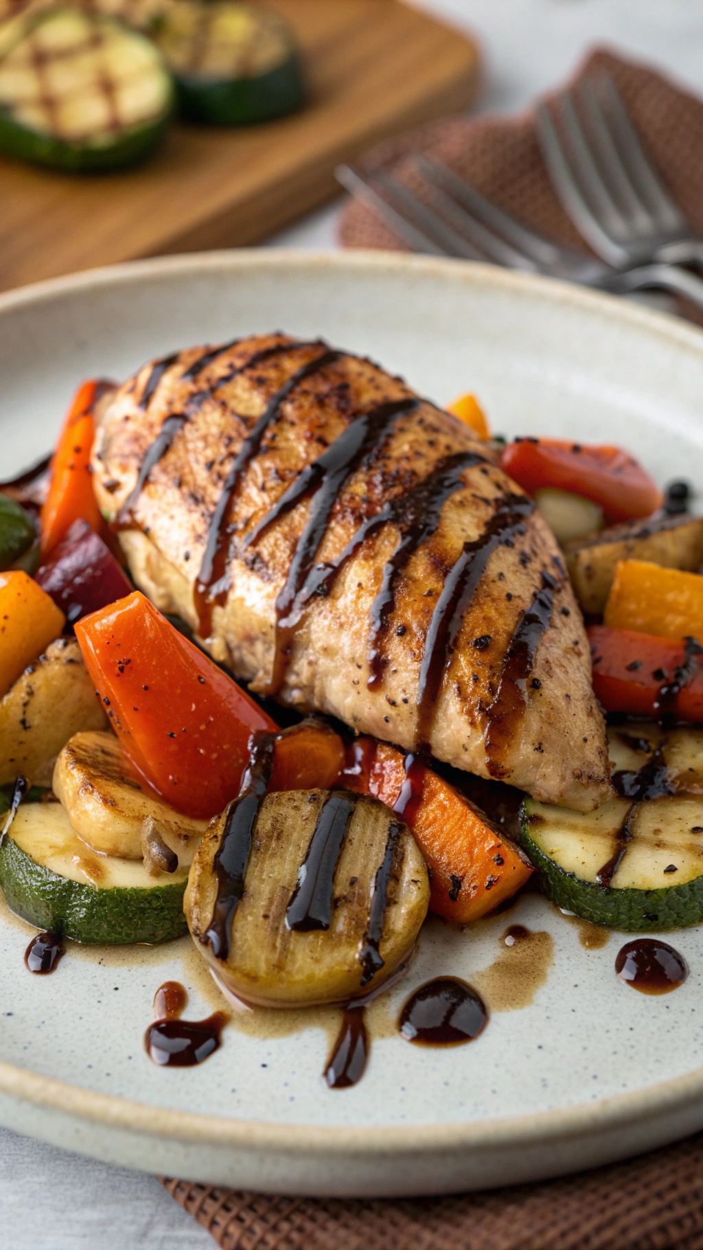 Balsamic glazed chicken breast served with colorful grilled vegetables.