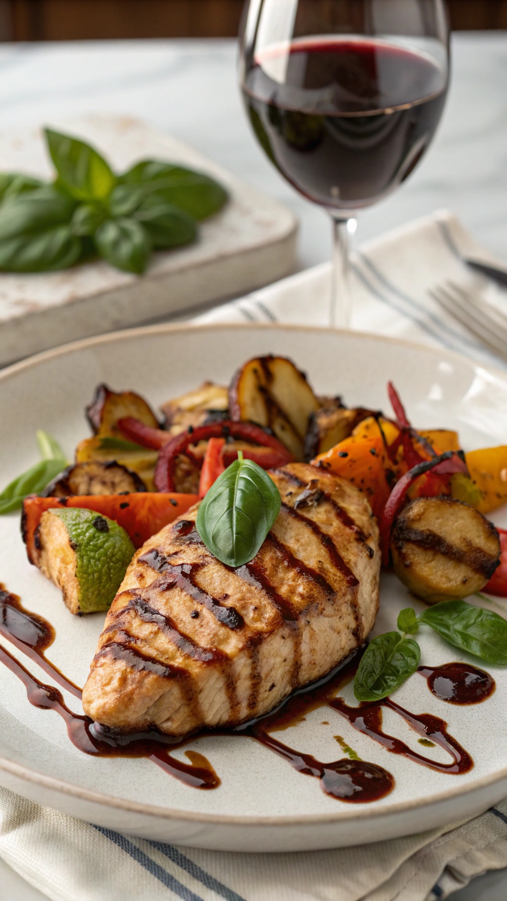 Grilled balsamic glazed chicken breast served with colorful grilled vegetables and a glass of red wine.