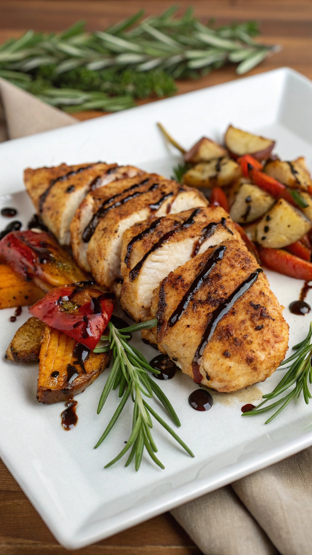 Balsamic glazed chicken breast with roasted vegetables on a plate