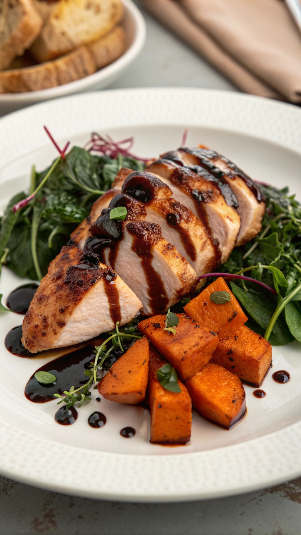 Balsamic glazed chicken breast served with roasted sweet potatoes and mixed greens.
