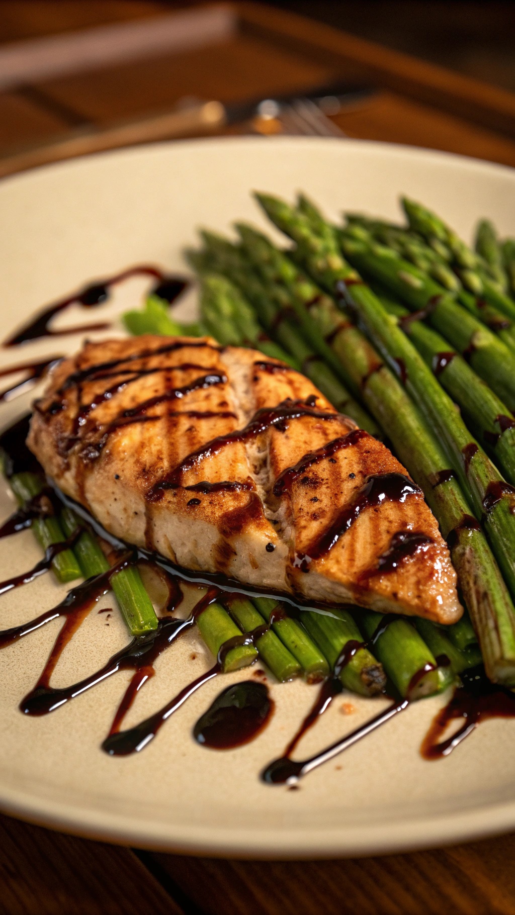 A plate featuring balsamic glazed chicken breast served with asparagus.