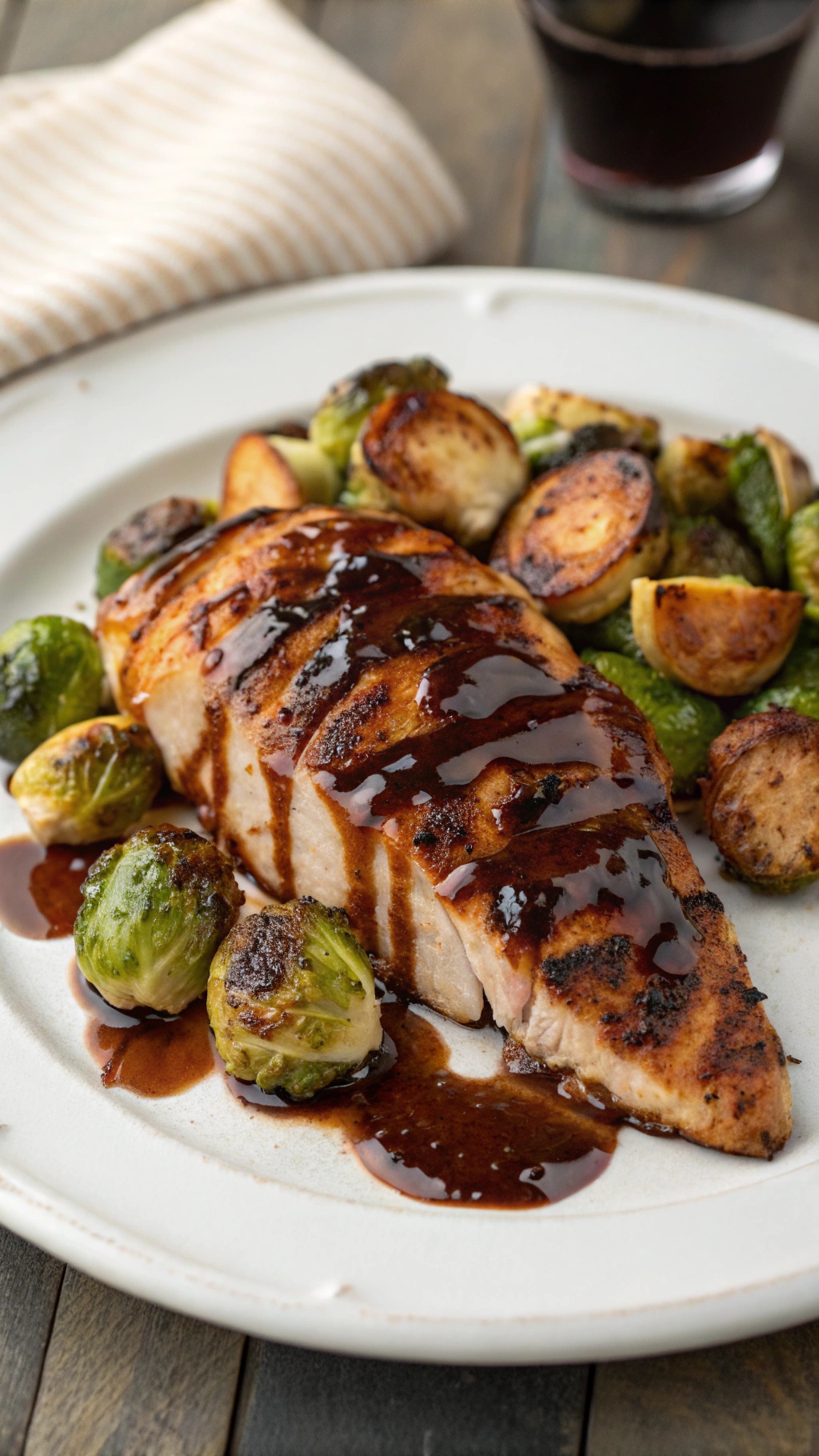 Balsamic glazed chicken served with roasted Brussels sprouts on a plate.