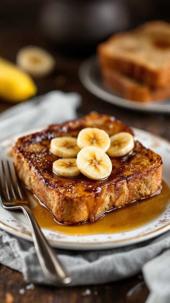 A plate of Banana Bread French Toast topped with banana slices and syrup.