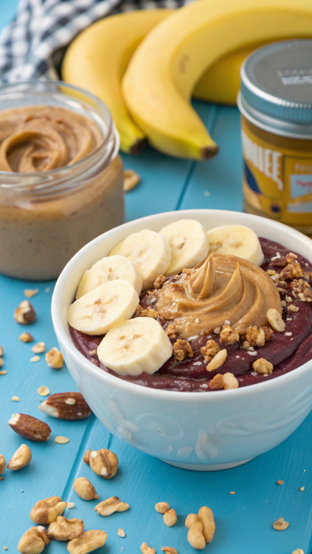 A delicious Banana Nut Delight acai bowl topped with banana slices, peanut butter, and granola.