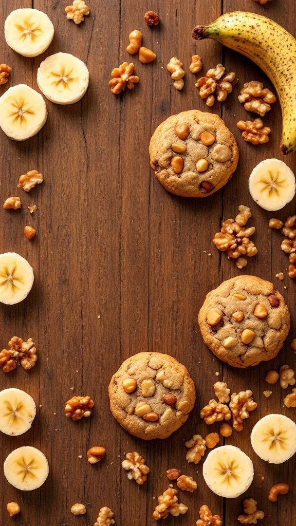 Banana Nut No Bake Cookies with walnuts and banana slices on a wooden surface