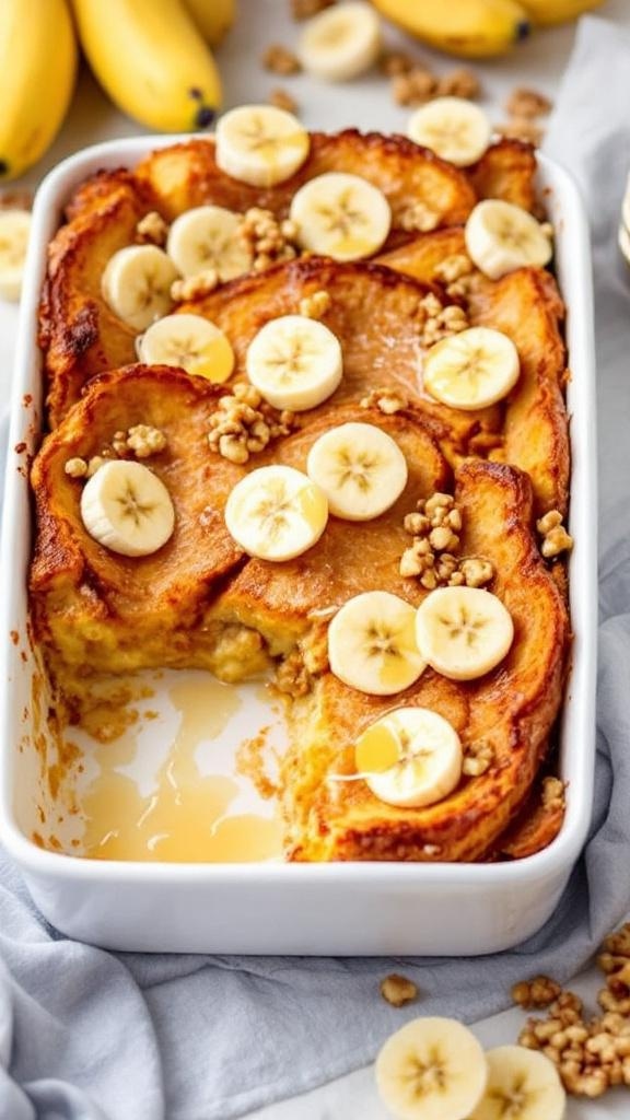 A delicious Banana Nut Overnight French Toast Casserole topped with banana slices and nuts, served in a white baking dish.