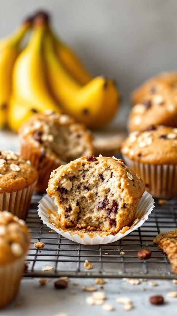 Freshly baked banana oat muffins with a bite taken out, surrounded by whole bananas.