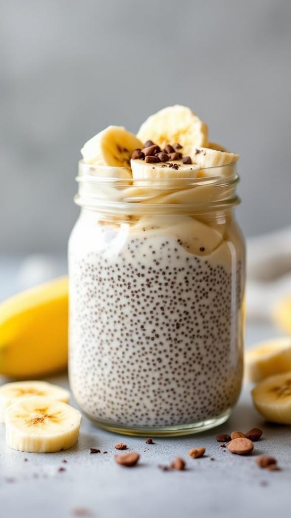 A jar of banana pudding chia pudding topped with banana slices and chocolate chips, with bananas in the background.