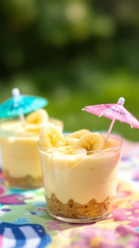 Delicious banana pudding cups with graham crackers and colorful umbrellas