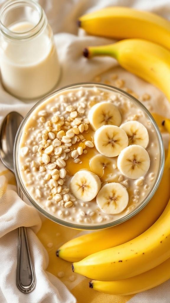 A bowl of banana pudding overnight oats topped with banana slices, with bananas and a jar of milk in the background.