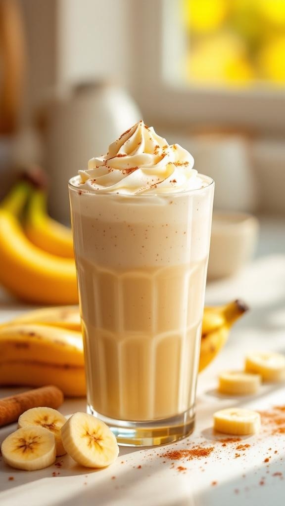A creamy banana pudding smoothie topped with whipped cream, surrounded by fresh bananas and cinnamon.