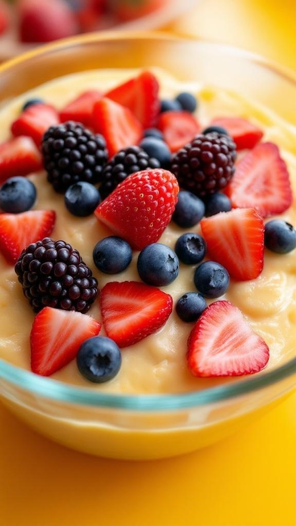 A bowl of banana pudding topped with fresh strawberries, blueberries, and blackberries.