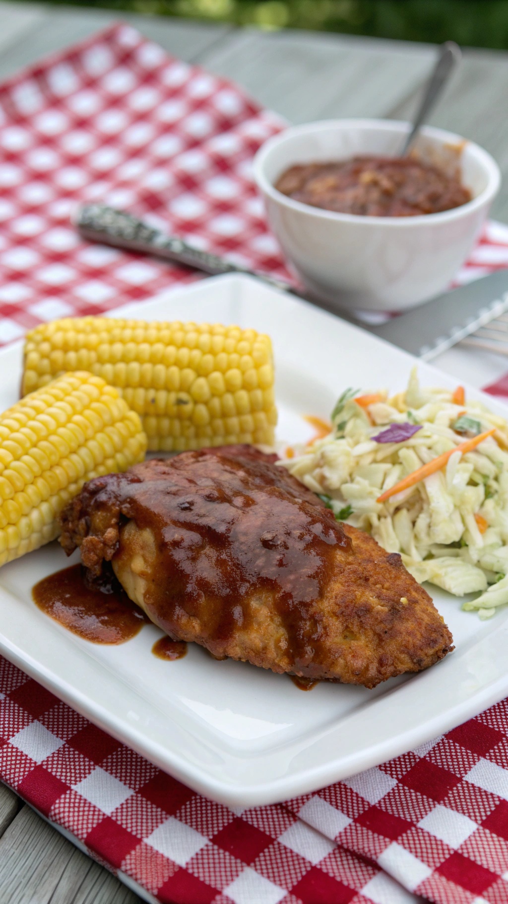 A plate of BBQ chicken breast with corn and coleslaw on a checkered tablecloth.