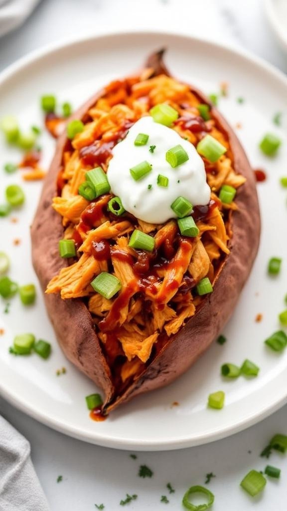 BBQ rotisserie chicken stuffed in a sweet potato topped with green onions and yogurt