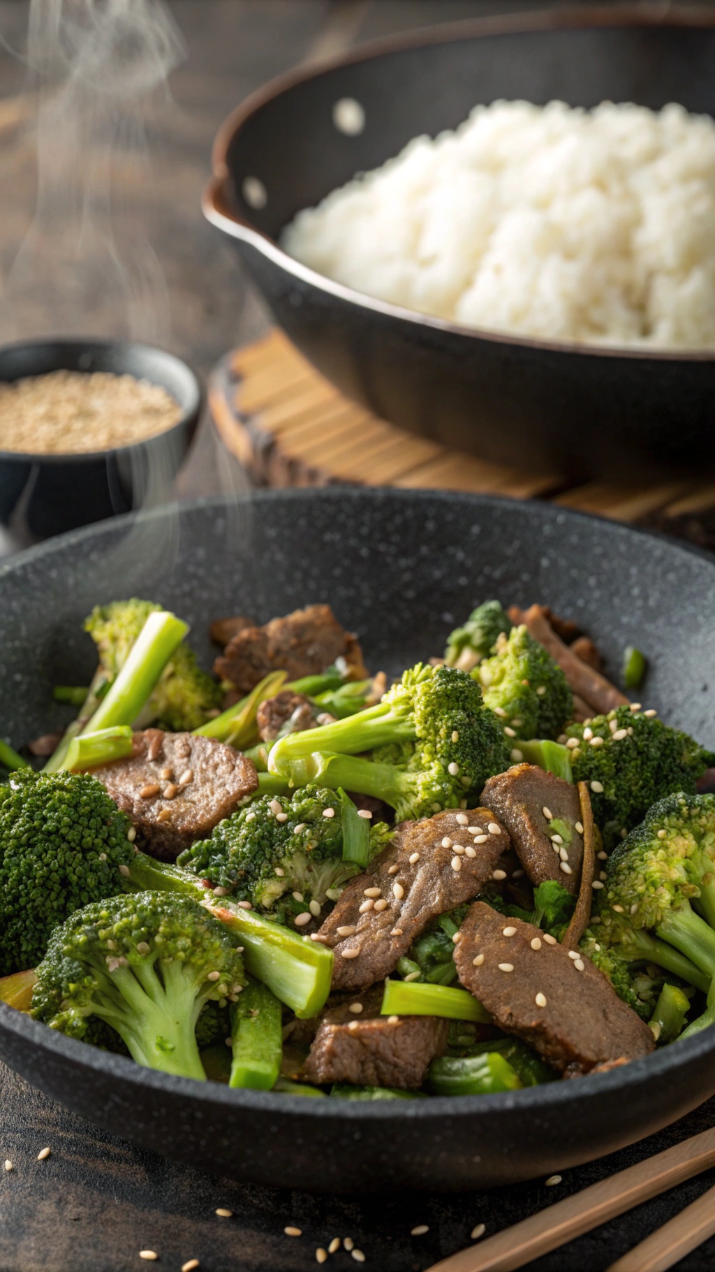 A delicious beef and broccoli stir-fry served with white rice.