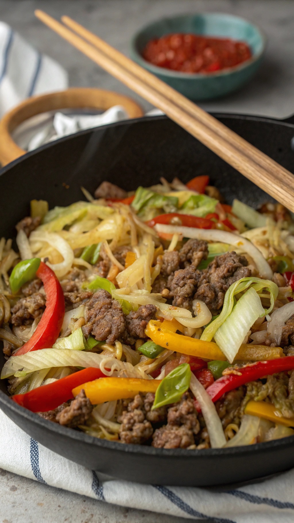 A delicious beef and cabbage stir-fry with colorful bell peppers in a skillet.