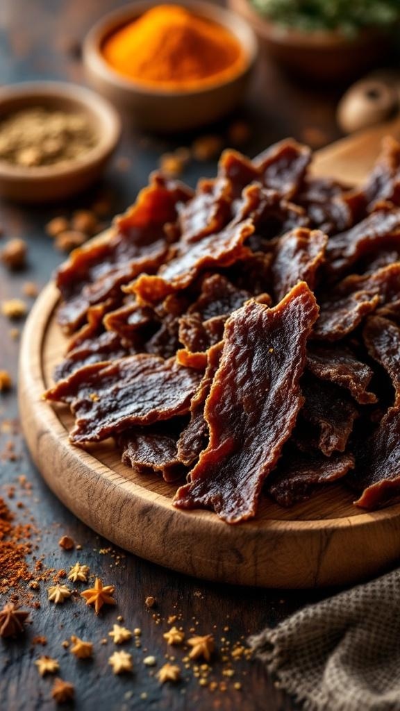 A wooden platter filled with beef jerky and various spices in bowls, showcasing a flavorful snack idea.