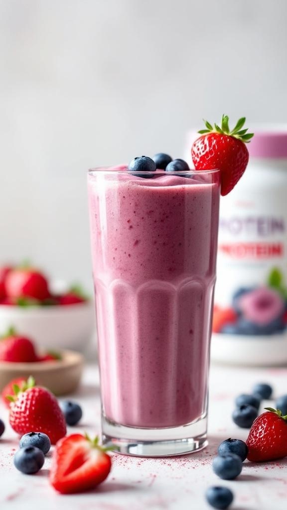 A tall glass of berry-infused protein smoothie topped with fresh strawberries and blueberries.