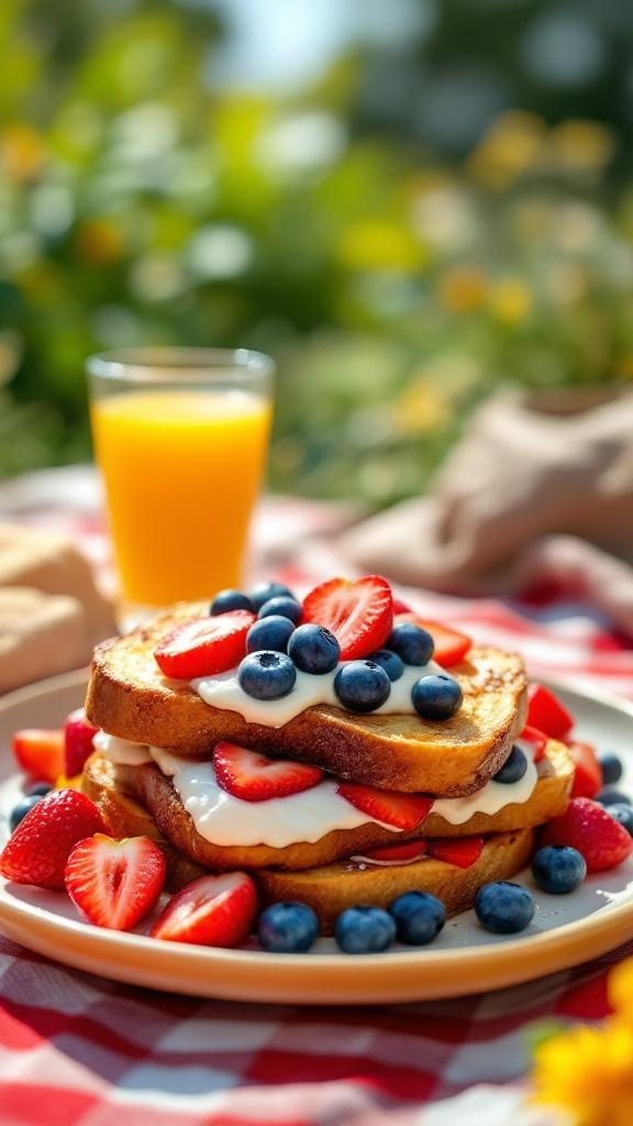 A plate of berry-stuffed French toast topped with strawberries and blueberries, served with a glass of orange juice.