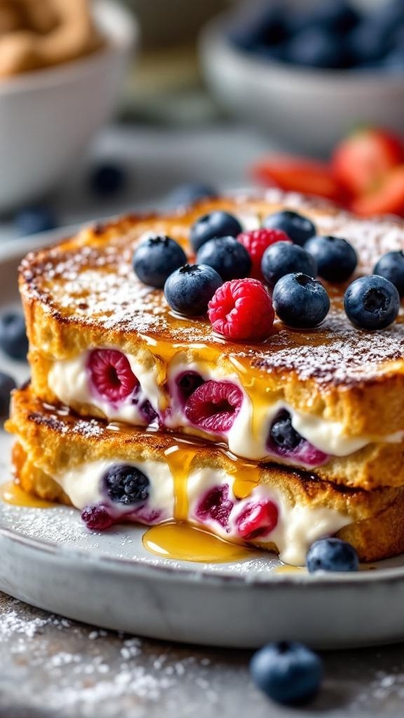 Berry and Greek yogurt stuffed French toast with blueberries and raspberries, drizzled with syrup.