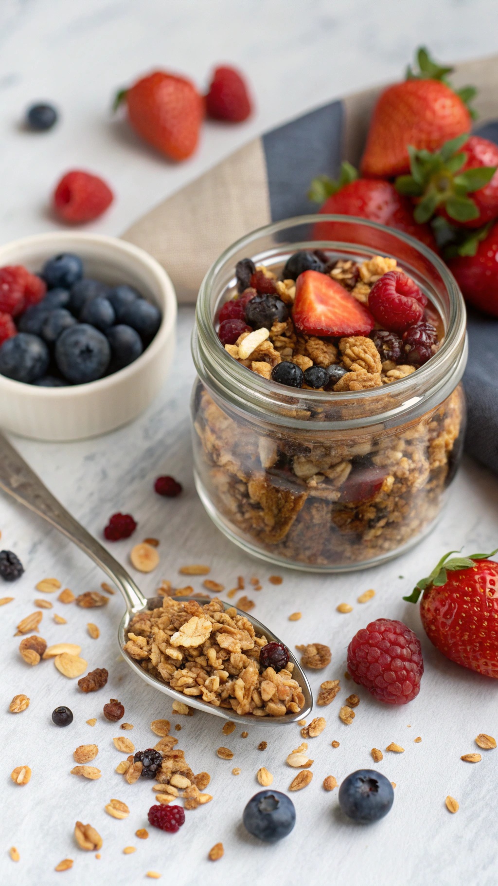 A jar of berry blast breakfast granola surrounded by fresh strawberries, blueberries, and raspberries.