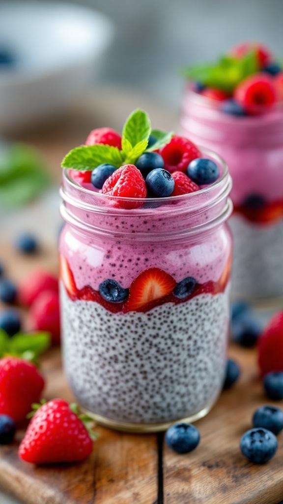 Berry Blast Chia Seed Pudding with mixed berries in jars